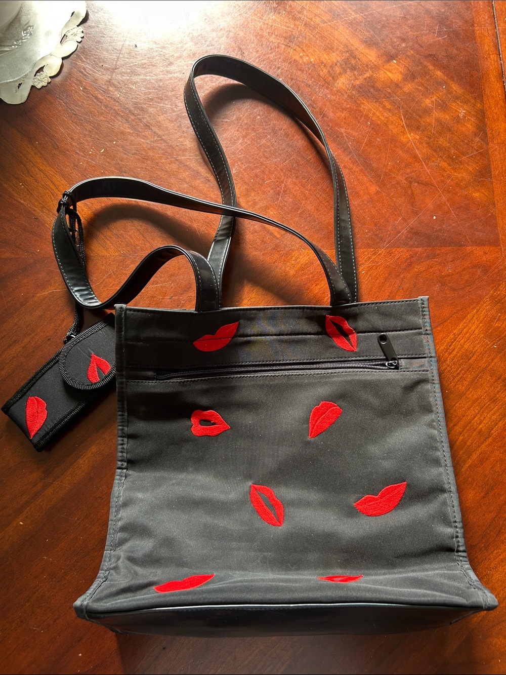 Black Tote Bag with Red Lip Embroidery - Women Bags